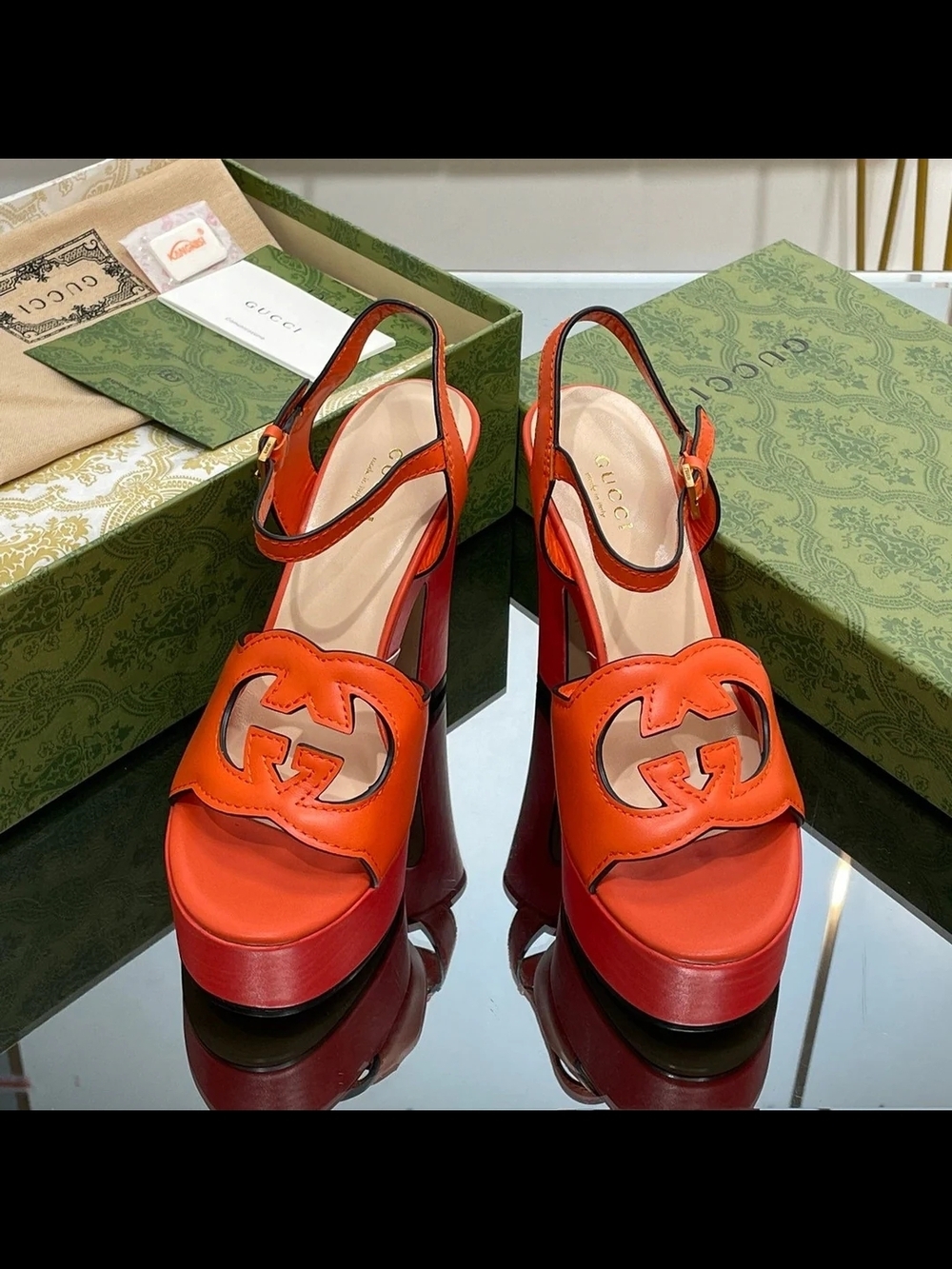Gucci Orange Platform Slingback Sandals with Interlocking G
